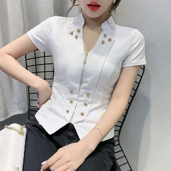 Vasaras korejas Drēbes, T-kreklu Vintage Rāvējslēdzēju Sieviešu Topi Ropa Mujer Krekls ar Īsām Piedurknēm Pogas Tees 2020 
