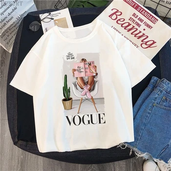 VOGUE vēstuli print T-krekls vasaras Harajuku sieviešu liela izmēra topi, T krekls modes Streetwear gadījuma īsām piedurknēm, sieviešu T