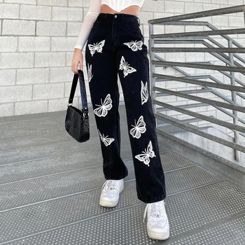 Weekeep Black Modes Vintage Taisni Džinsi Tauriņš Drukāt Augstas Starām. Sieviešu Slim Džinsa Bikses Streetwear Bikses Kravas Bikses