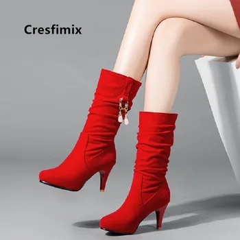 Cresfimix pusaudzis modes salds plus lieluma 34 līdz 43 rudens gari zābaki sieviešu modes melna pu ādas ziemas zābaki botas a6026