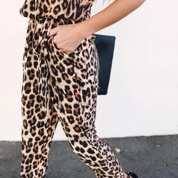 Leopard Bodysuit Sieviešu Sexy Bodycon Izdilis Ķermeņa Uzvalks V Kakla garām Piedurknēm Playsuit Iespiesti Romper Garas Bikses Jumpsuit S-XL