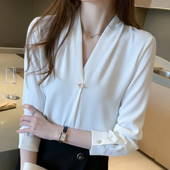 Blusas Femininas Elegante Šifona Balts Krekls, Sieviešu Blūze ar V-veida kakla Rudens 2020 