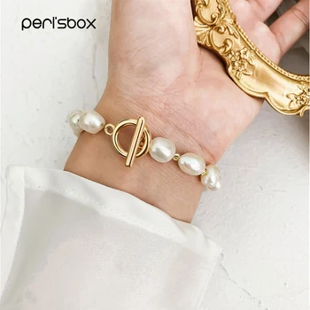 Peri'sbox Zelta Kārtu Pārslēgtos Aizdare Pearl Rokassprādzi Patiesu Saldūdens Pērļu Rokassprādzes Kārums White Pearl Rokassprādzi Sievietēm 2019