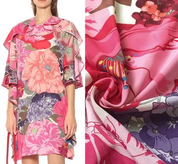 145cm Platums Modes Rozā Lielas Puķes Drukāt Atdarināt Dubultā Crepe DE Chine Audumu Sieviete Kleita, Blūze Sleepwear DIY Šūšana