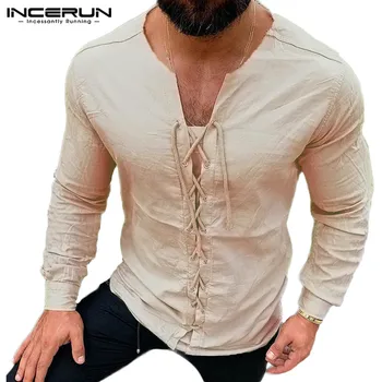 INCERUN Vīriešu T Krekls Vintage V Kakla Mežģīnes Up tīrtoņa Krāsu Streetwear Gadījuma Retro Elpojošs Camiseta garām Piedurknēm T-krekls Vīriešiem S-5XL