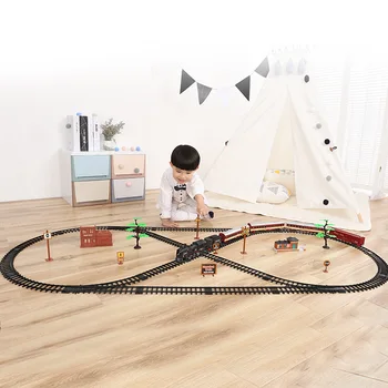 Simulācijas Elektriskā Sliežu ceļa Vilcienu Celtniecības Bloki Klasiskā Lokomotīvju Modeļa Rotaļlietu LED un Skaņas Retro Tvaika Vilcienu Rotaļlieta Bērniem