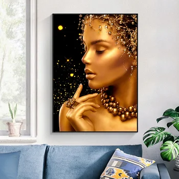 Melnā un Zelta Sieviete, Seksīga, Pliks Āfrikas Mākslas Eļļas Glezna uz Audekla Cuadros Plakāti un Izdrukas Sienas Mākslas Aina Dzīvojamā Istaba