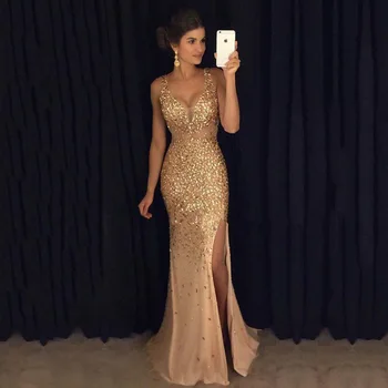 2019 V-veida kakla seksīgu kleitu, zeķu pieaugušo sieviešu viedokļa sequin vakara kleita sexy puse naktsklubs sirena zelta vakara kleita