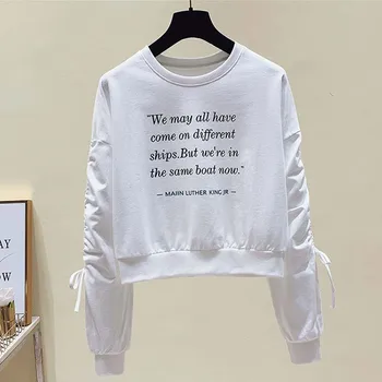 Rudens Īsā Sieviešu Krekls Cietā Vēstuli Kokvilnas Ziemas Chandail Femme Modes Aukliņu Piedurknēm Hoodies Rozā Balts Suéter