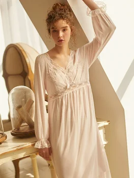 Jaunu Vintage Kokvilnas Sieviešu Garās Nightgowns garām Piedurknēm Salds, Balts Mežģīņu Princess Royal Sleepwear Dziļu V-veida Kakla Seksīga Nakts Kleita