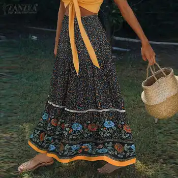 ZANZEA ir 2021. Modes Vasaras Maxi Svārki Sieviešu Iespiesti Sundress Elastīga, Augsta Vidukļa Vestidos Sieviešu Ikdienas Ziedu Savirmot Drēbes
