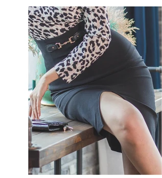 Rudens V-veida Kakla Long Piedurknēm Leopards Drukāt Top Krekls ar Augsto Vidukli Bodycon Midi Svārki Sexy Birojs Sieviešu Komplekti Kleita