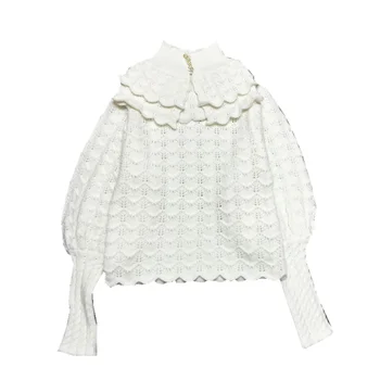 Vintage Džemperis Sieviešu Pērle Sprādzes augstu uzrullētu apkakli Pils Stila Laternas Piedurknēm Baltā Mīksti Džemperi Trikotāža Meiteņu Ziemas Apģērbu