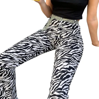 Sieviešu Plaša Kāju Bikses Zebra Leopards Izdrukāt Pilna Garuma Kokvilnas Maisījums Pogu Lidot Augstu Vidukli, Elegants Modes Ilgi Plaša Kāju Bikses
