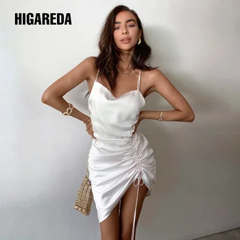 HIGAREDA 2020 bez piedurknēm kroku pārsējs backless seksīga mini kleita vasaras sieviešu modes streetwear tērpiem balta cieta viela sundress