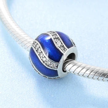 Jauns 925 Sterling Silver Modes zilu viļņotu spīdīgu zircon DIY apaļas pērles Fit Original europeu Šarmu Rokassprādzi Rotaslietu izgatavošana