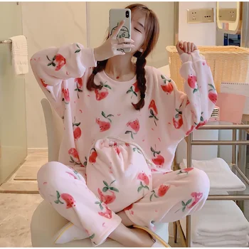 Augļu Drukāt Flaneļa Sieviešu Pidžamas Komplekti Ziemas Karikatūra Vēstule Sieviešu Pidžamas Mājas Drēbes Ir 2021. Pavasara Siltais rozā Homewear Sieviete