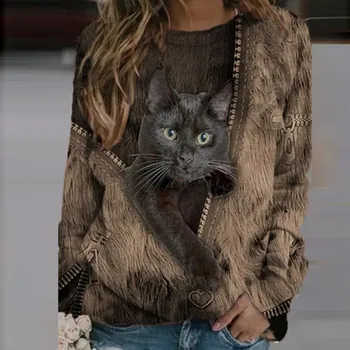 Gudrs Kaķis Džemperis Džemperis Sieviešu Modes Gadījuma garām Piedurknēm Drukāts O-veida kakla Topi sporta Krekls Blūze Худи Оверсайз
