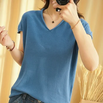 Tīru Krāsu Adīt Džemperi Harajuku Gadījuma Brīvs T-krekls Modes V-veida kakla Īsām Piedurknēm Tīras Kokvilnas Tīru Krāsu Adīt Džemperi