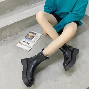 Ziemas Chunky Papēži Chelsea Platformas Zābaki Sieviešu Apavi Kurpes PU Ādas Rāvējslēdzēju Modes Dāmas Īsās Botas Mujer 