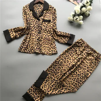 Sieviešu Zīda Pidžamas Komplekts Leopards Drukāt Sexy Sleepwear Pidžamas Sieviešu Satīna Pijamas Loungewear Femme Homewear 2020. Gadam Pavasara Vasaras