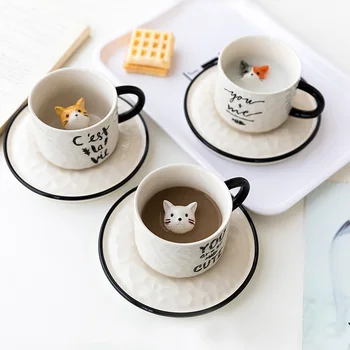 Radošās Keramikas Krūze ar Karoti Renes Gudrs Kaķis Atvieglojumus, Kafijas Piens, Tēja Rīkoties ar Porcelāna Tasi Pāris Ūdens Kausa Jaunums Dāvanas
