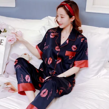 2020. gada Vasaras Īsām Piedurknēm Satīna Zīda Pidžamas Sieviešu Pidžamas Komplekts Pogu Pigiama Donna Mujer Pijama Sleepwear Naktsveļu Pizama