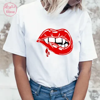Vampīru Dienasgrāmatas Tshirt Vasaras Tee Kreklu Femme Meitenes Ulzzang Gadījuma T Krekls Harajuku Kawaii 90s Atdzist Lūpām T-krekls Streetwear