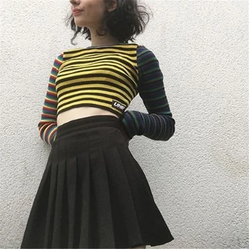 Heydress 2019 rudens streetwear krāsu svītras raibs īss trikotāžas Džemperis dāmas elastību, puloveri sieviešu modes topi