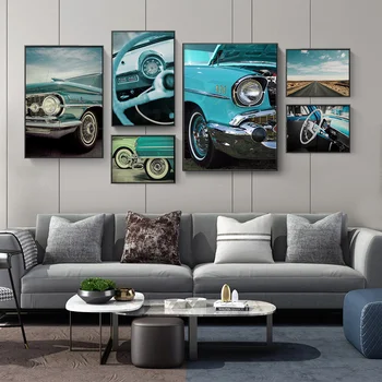 Retro Zilā Automašīnām, Wall Art Pictures Plakāti Un Izdrukas Ainavu Gleznas Plakāts Telpā Decore Ziemeļvalstu Apdare, Mājas Krāsošana