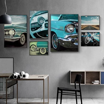 Retro Zilā Automašīnām, Wall Art Pictures Plakāti Un Izdrukas Ainavu Gleznas Plakāts Telpā Decore Ziemeļvalstu Apdare, Mājas Krāsošana