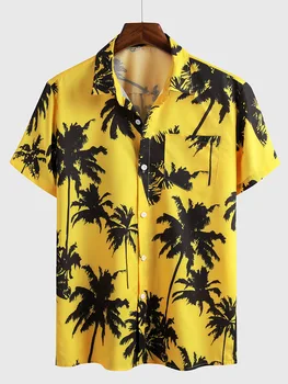 Vasaras Krekli Vīriešiem Gadījuma Dzeltena kokosriekstu Drukāt Pludmales Krekls ar Īsām Piedurknēm Zaudēt Top Vasaras Pludmales Krekls Chemise Homme