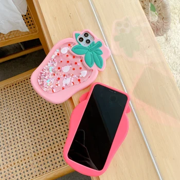 3D Augļu Zemeņu Dinamisku Mirdzēt Šķidruma plūstošās smiltis Tālrunis Lietā par iPhone 11 Pro XS Max XR X 6S 7 8 Plus Mīksta Silikona Vāciņu