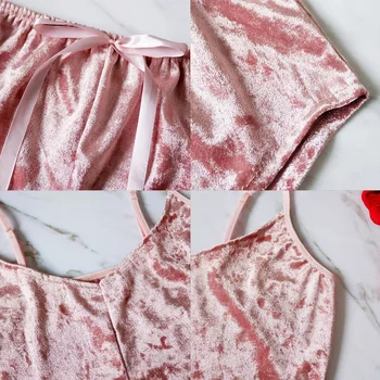 Sieviešu Sexy Samta Sleepwear Uzvalks Cietās Mīkstās 2 Gabali, Pidžamas Dziļu V Veļas Crop Topi Satīna Pidžamas Komplekts Sievietēm Spageti Siksna