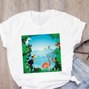 Sieviešu Karikatūra Grafikas Flamingo Ziedu, Ziedu Beach Vasaras T-Krekls Krekls Topi Dāmu Apģērbu, Sieviešu Apģērbu Tee Sieviešu T Krekls