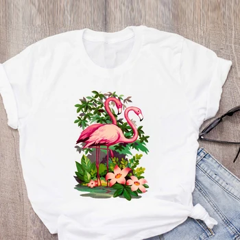 Sieviešu Karikatūra Grafikas Flamingo Ziedu, Ziedu Beach Vasaras T-Krekls Krekls Topi Dāmu Apģērbu, Sieviešu Apģērbu Tee Sieviešu T Krekls