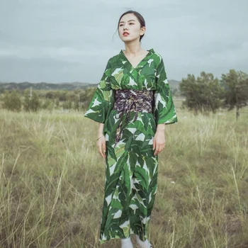 Zaļā kimono sieviešu yukata sieviešu haori Japānā geišas kostīms obi Japāņu kimono elementus tradicionālo kleitu cosplay TA444 Y