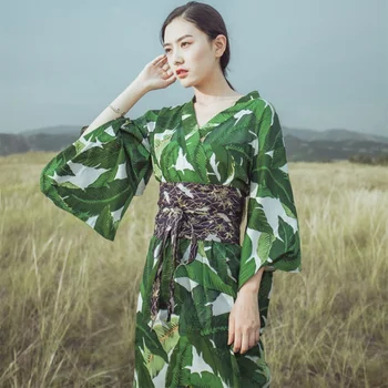Zaļā kimono sieviešu yukata sieviešu haori Japānā geišas kostīms obi Japāņu kimono elementus tradicionālo kleitu cosplay TA444 Y