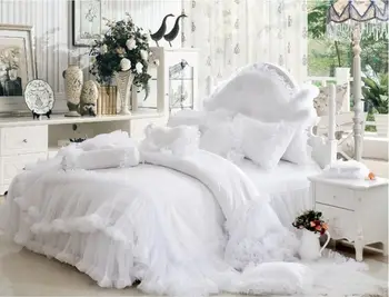 Korejiešu Princeses gultas komplekts Luksusa Kāzām, Balta Mežģīņu gultas pārklājs gultas svārki 4gab Žakarda sega sedz palagu Lina Mājas Tekstila