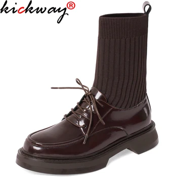 Kickway modes adīšanas zeķes, kurpes sieviešu rudenī korejiešu versija biezu grunts high top īss potītes zābaki, sieviešu melns brūns mežģīnes augšu