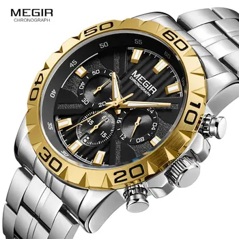 MEGIR Vīriešu CHronograph Biznesa Kvarca rokas Pulksteņi no Nerūsējoša Tērauda Ūdensizturīgs, Gaismas rokas Pulkstenis Cilvēks Relogios Masculino 2087 Zelta