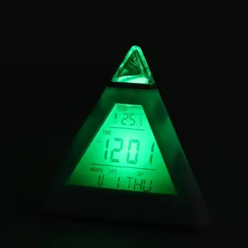 Ciparu LED Modinātājs 7 Krāsas Mainās Nakts Gaisma Laika Temperatūras Displejs Piramīdas Formas Galda Pulkstenis Radošo Mājas Apdare