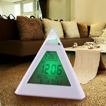 Ciparu LED Modinātājs 7 Krāsas Mainās Nakts Gaisma Laika Temperatūras Displejs Piramīdas Formas Galda Pulkstenis Radošo Mājas Apdare