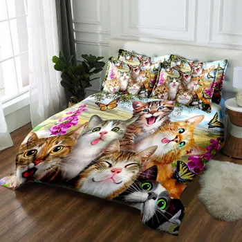 WOSTAR Laimīgs kaķis ģimenes 3d gultasveļas komplekti gultas loksnes sega sedz spilvendrāna Mājas tekstila Pieaugušo bērnu gultas komplekts mājas dekoru