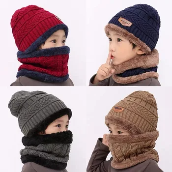 Bērnu cepure vilnas un vilnas bērnu rudens un ziemas ausu aizsardzības siltu cepuri, šalli divi vīrieši un meitenes šalle modes