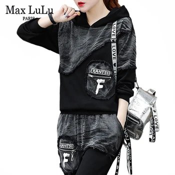 Max LuLu Rudens 2019 Modes Korejas Streetwear Dāmas Topi Un Bikses Sieviešu Divi Gabals, Kas Džinsa Apģērbs Vintage Kapuci Tracksuit