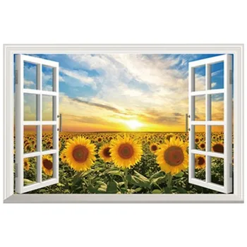 Ārpus viltus logu 3d Saulespuķes Saullēkta ainavu vinila sienas uzlīmes, home decoration, noņemams dekorācijas fonu 90*60 cm
