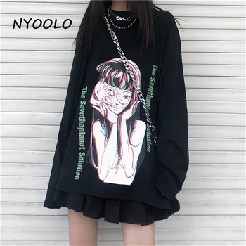 NYOOLO Japānas stila šausmu Komiksu Kawakami Tomie burtiem Drukāt garām Piedurknēm T-krekls sievietēm Harajuku Vaļēju apkakli melnā topi tee