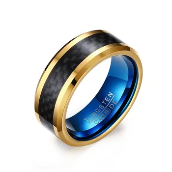8mm zilā volframa karbīda gredzeni, zelta krāsa melna oglekļa šķiedras kastīšu kāzu joslā rotaslietas modes pirksta gredzenu Vīriešiem