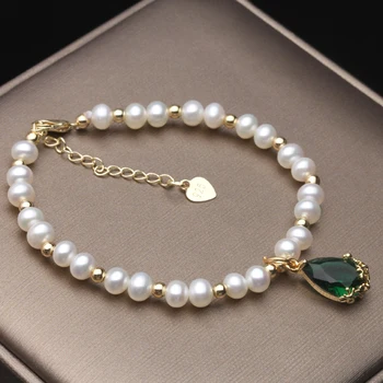 Skaisti Saldūdens Pērļu Aproce Sievietēm, Īsta Dabas Pērle Vintage Aproces, Zaļš Akmens Moderns Rotaslietas Kāzu Dāvanas